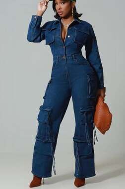 Denim Cargo Jumpsuit, New! Size Medium!
